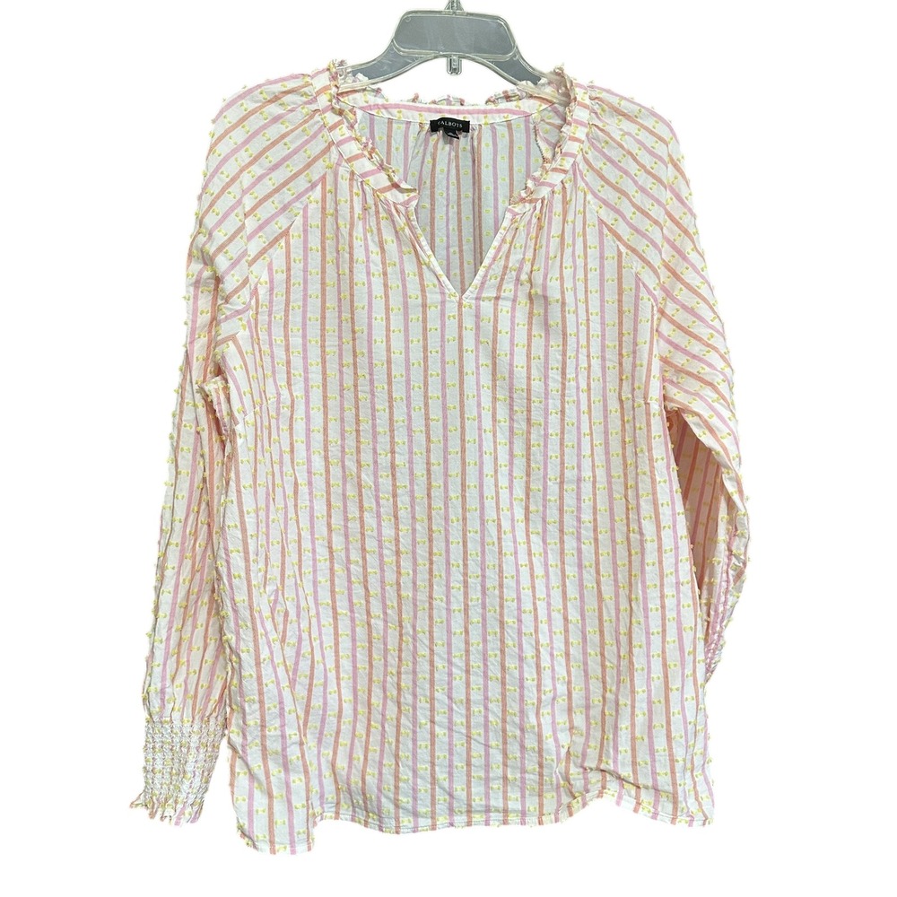 Talbots White Pink Orange‎ Striped Yellow Swiss Dot Blouse XL Long Sleeve Ruffle